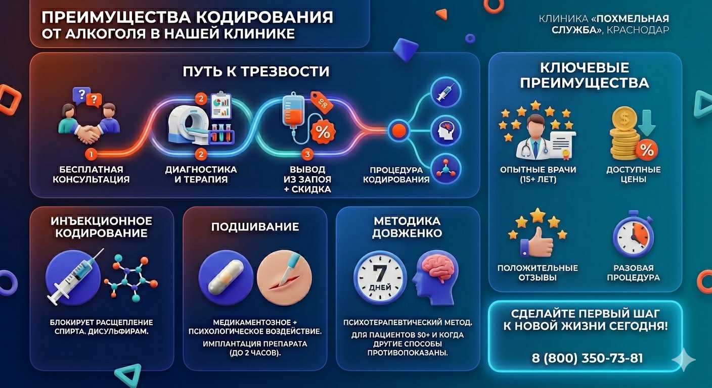 Инфографика о методах кодирования от алкоголя в Химках: инъекции, подшивание, метод Довженко. Преимущества клиники и этапы лечения.